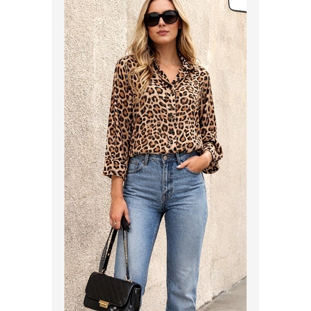 Rachel Zoe Blouse Women Large Brown Excellent Leopard Print Button Down Top